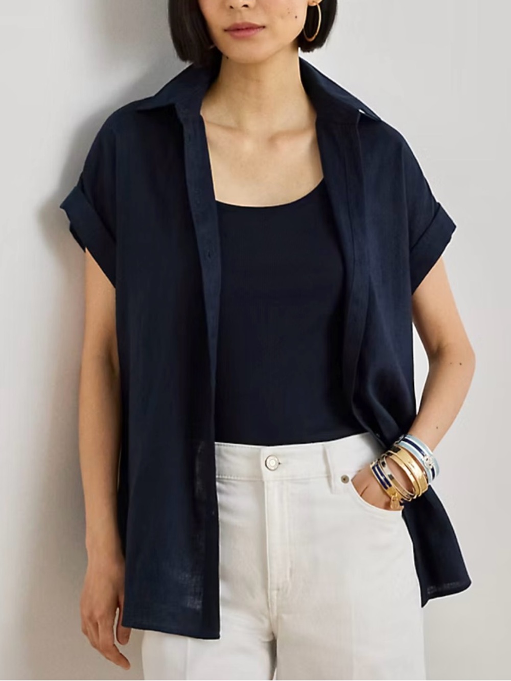 NWT Lauren Ralph Lauren Navy Blue Linen Short Sleeve Shirt - Picture 12 of 12